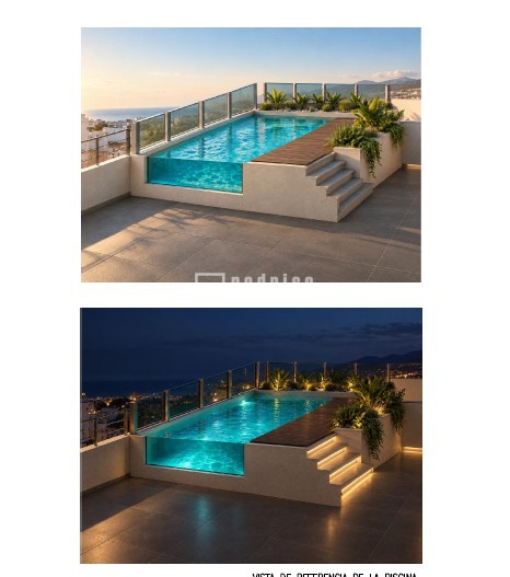 Infografía de referencia de la piscina en la cubierta, de día y de noche.